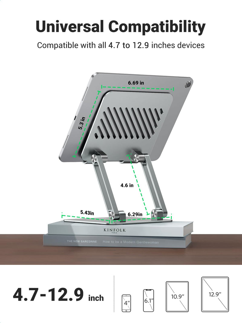 [Australia - AusPower] - UGREEN Tablet Stand Holder for Desk Dual Rod Support Aluminum Tablet Holder Adjustable Dock Multi-Angle Riser Home Office Accessories Compatible with iPad Pro 12.9, iPad Air Mini 6 5 4 3 2 Silver 