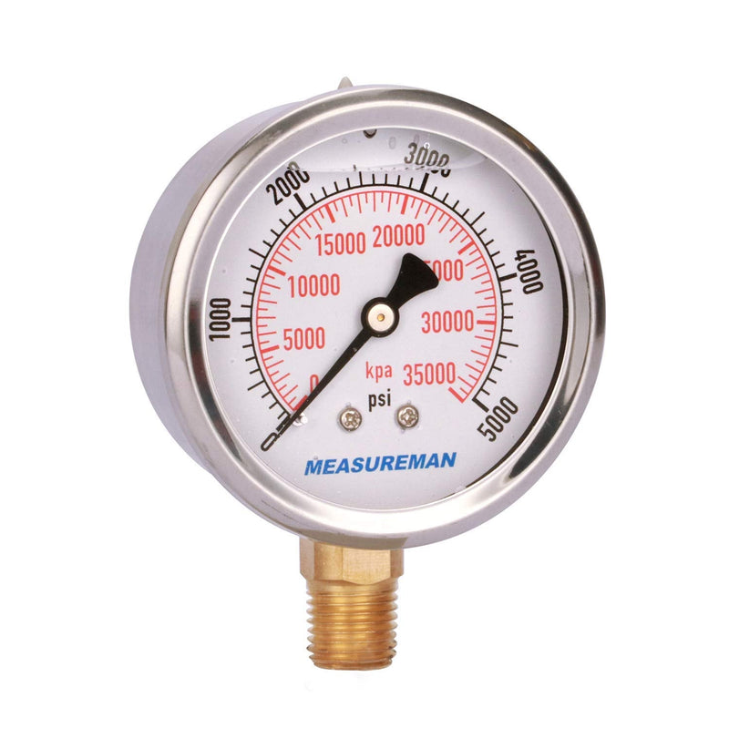 [Australia - AusPower] - MEASUREMAN 2-1/2" Dial Size, Liquid Filled Hydraulic Pressure Gauge, 0-5000psi/kpa, 304 Stainless Steel Case, 1/4" NPT Lower Mount 2 Pack 0-5000 psi / 2PCS 