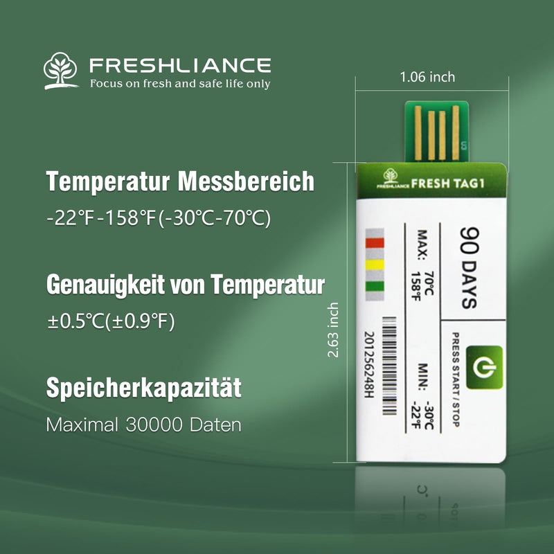 [Australia - AusPower] - Freshliance USB Temperature Data Logger with 30,000 Readings, Disposable Temperature Pen with PDF CSV Reports, High Accuracy 90 Days, 1 Pack Unique Cool Chain, Fresh Tag 1 