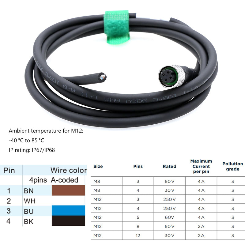[Australia - AusPower] - M12 A Coding 4 Pin Female Actuator Sensor Encoder Signal Cable to Bare Wire for Industrial Controls Automation, Device Network DeviceNet, CANopen, IO Link, Profibus 2m 4 pin female to open 