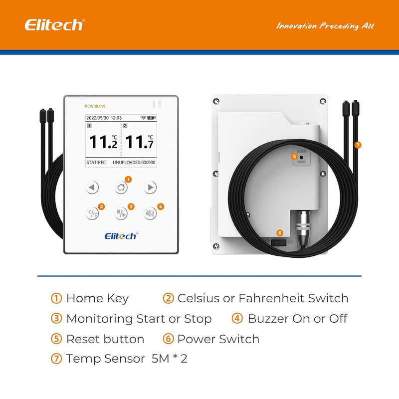 [Australia - AusPower] - Elitech WiFi 5G/2.4G Digital Temperature Data Logger Remote Real-Time Temperature Monitor Cloud Data Storage SMS/Email/APP/Web Alarm, with Dual External Temp Probe, 16.4ft, RCW-800W-TDE-V2(-40~176℉) Support 5G&2.4G WIFI 1 