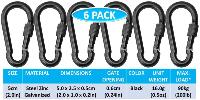 [Australia - AusPower] - Black & Silver Heavy Duty Bushcraft Locking Thumb Screw Closure Zinc-Galvanized Steel Carabiner Spring Snap Clip Link Hooks 200-400lb Load. 6 & 12 Packs 5cm 6-Pack Black 