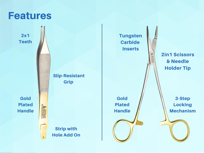 [Australia - AusPower] - Bundle of Olsen Hegar Needle Holder 6" Gold Plated Handle with Tungsten Carbide Inserts & Adson Forceps Kocher with Skin Stopper at The Back 4.75" Straight Fine Point 1X2 Teeth by Artman Instruments 