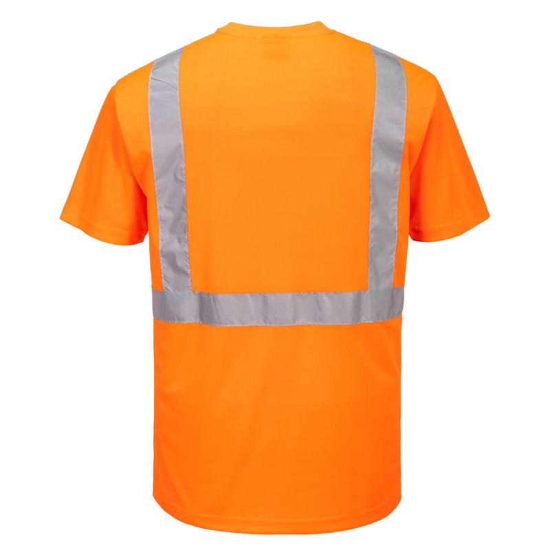 Portwest S198 Hi Vis Pocketless Short Sleeve T Shirt Moisture Wicking Safety Workwear with Reflective Tape, Orange, L Large