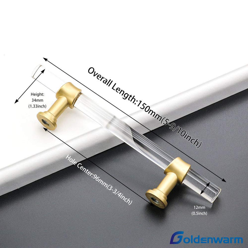 Goldenwarm 5 Pack 3-3/4 Inch Matte Gold Cabinet Pull Clear Acrylic Furniture Hardware Glass Cabinet Hardware for Kitchen Cupboard Bathroom 3.75"/96MM Hole Center