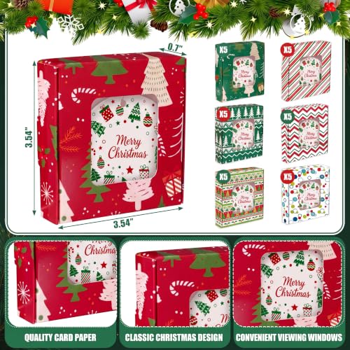 Gersoniel 30 Pcs Christmas Lime Green Red Sublimation Ornaments Gift Boxes 3.54"x3.54"x0.7" Christmas Packaging Boxes with Window Sublimation Ceramic Discs Gift Wrapping for Festivals Holidays Xmas