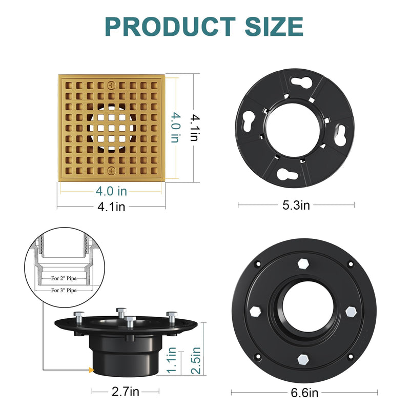 Shower Drain 4-1/4 Inch - Square Shower Floor Drain Kit with ABS Flange for 2" or 3" Pipe, SUS304 Stainless Steel Drain with Hair Strainer,Removable Strainer Cover, Champagne Bronze