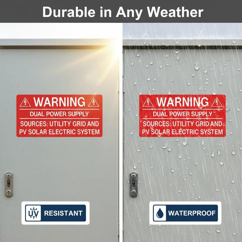 50PCS Solar Warning Labels, Warning Dual Power Supply - Sources Utility Grid and PV Solar Electric System, UV Resistant Electrical Panel Stickers for Installers