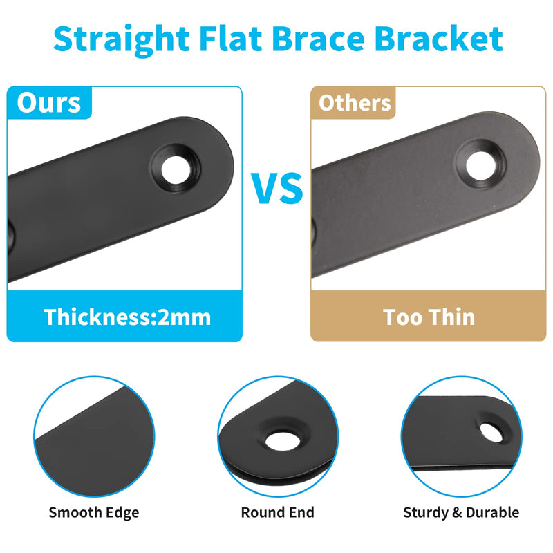 [Australia - AusPower] - 20 Sets 2" Stainless Steel Flat Plate Straight Bracket, Black Metal Corner Brace Brackets Mending Repair Plate Brace with Screws & Screwdriver for Wood(50mm x 16mm x 2mm) 50x16x2.0mm 