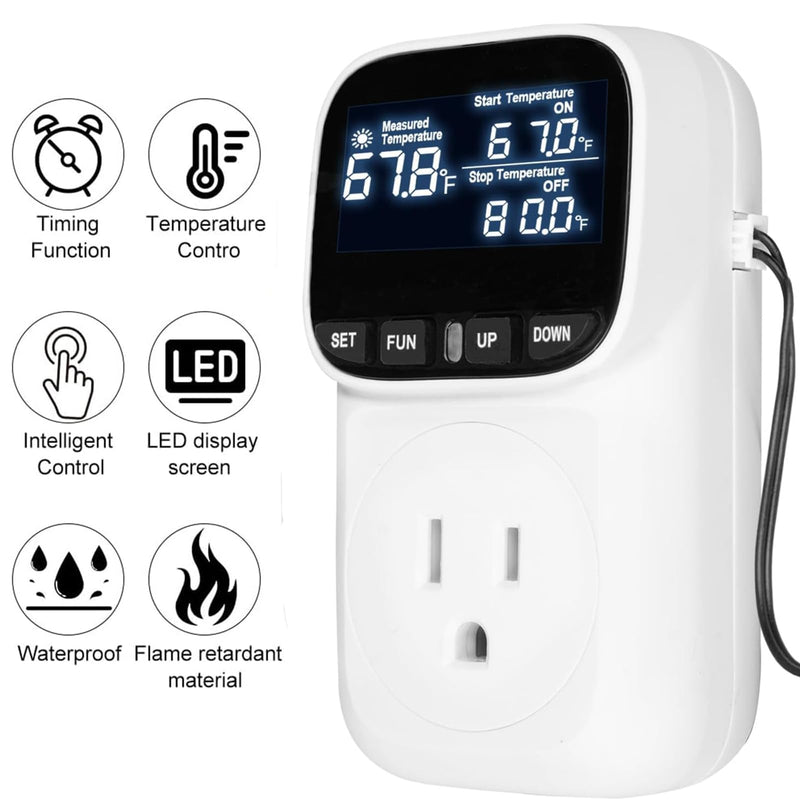 [Australia - AusPower] - Digital Thermostat Socket, Only Fahrenheit Countdown Temperature Controller 110~120V VA Display Heating Cooling Mode Timer with Sensor for Reptile Greenhouse Home Fermentation Home, -40℉~210℉ 