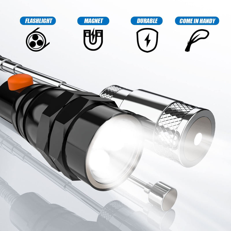 [Australia - AusPower] - Telescoping Magnetic Pick Up Tool Magnetic Sweepers with 1 lb and 15 lb Pickup Rod, Round and Square 360 Swivel Adjustable Inspection Mirror and Flexible LED Flashlight, Fathers Day Gifts for Dad, Men Black Magnetic Tool Set 