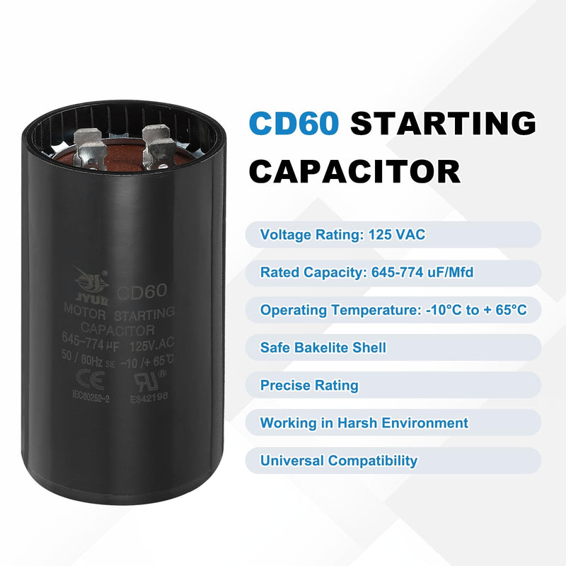 MECCANIXITY CD60 Capacitor 645-774 UF/Mfd, 125 VAC CD60 Run Motor Start Capacitor for Electric Fan Motor Starting Well Pump (Black, Pack of 2) 645-774uf