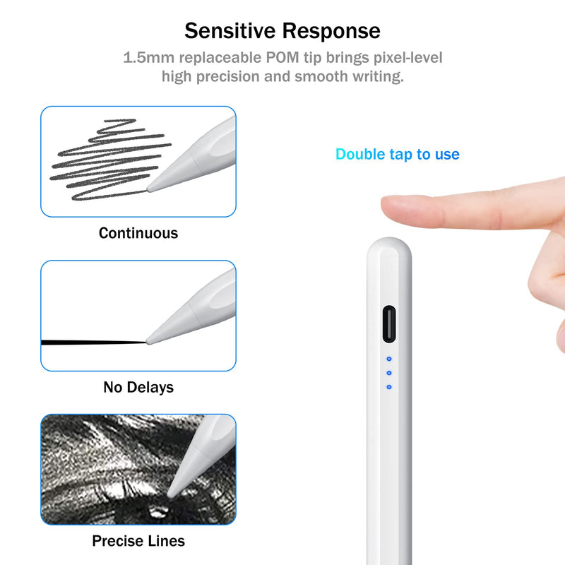 [Australia - AusPower] - Cisteen Stylus Pen for iPad with Led Indicators, Tilt Sensor Palm Rejection Active Pencil for (2018-2022) Apple iPad 10/9/8/7/6th Gen, iPad Pro 12.9&11", iPad Air 5th/4th/3rd Gen, iPad Mini 6/5 White 