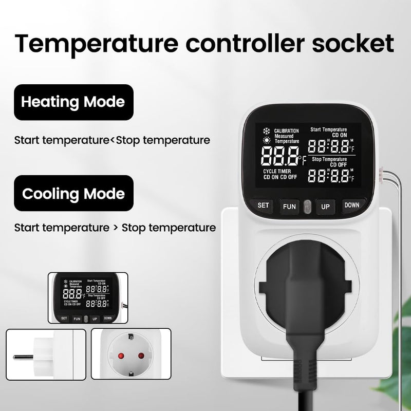 [Australia - AusPower] - Diymore Digital Plug in Thermostat Outlet Temperature Controller Electric Digital Thermostat Heating Cooling Mode Timer Socket 120V Heating Cooling Control 110V 15A Celsius Fahrenheit Display 