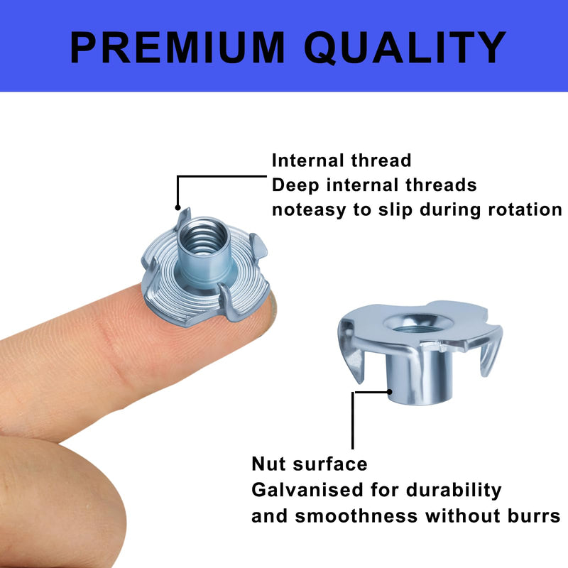 [Australia - AusPower] - 100pcs 1/4"-20 T-Nut, Zinc-Plated Steel Threaded Insert Corrosion Resistant,5/16" Barrel Length,4-Pronged Tee Nut for Wood,Rock Climbing Holds,Home,Cabinetry, Furniture,etc. 