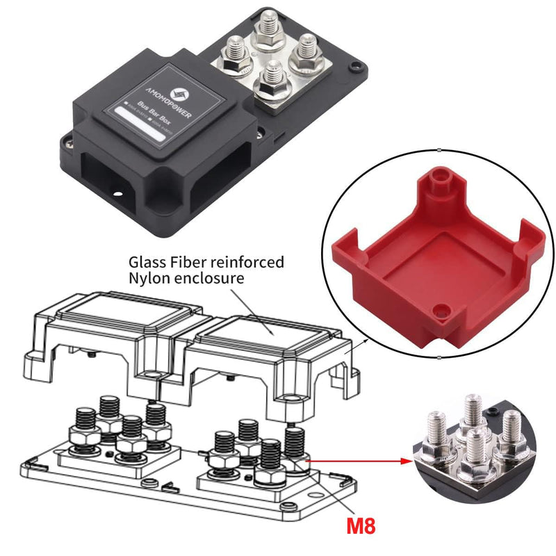 400A Power Distribution Bus Bar with 8 x 5/16" (M8) Studs | Heavy Duty Marine Battery Automotive Car Solar Wiring- Positive & Negative 12V- 48V DC 400A M8-Red&Black