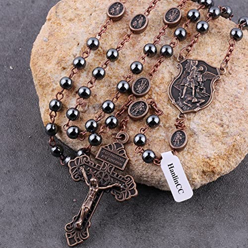 HanlinCC Catholic Rosary Necklace Saint Michael Medal Hematite Stone Beads Anti-Copper St.Michael Rosary