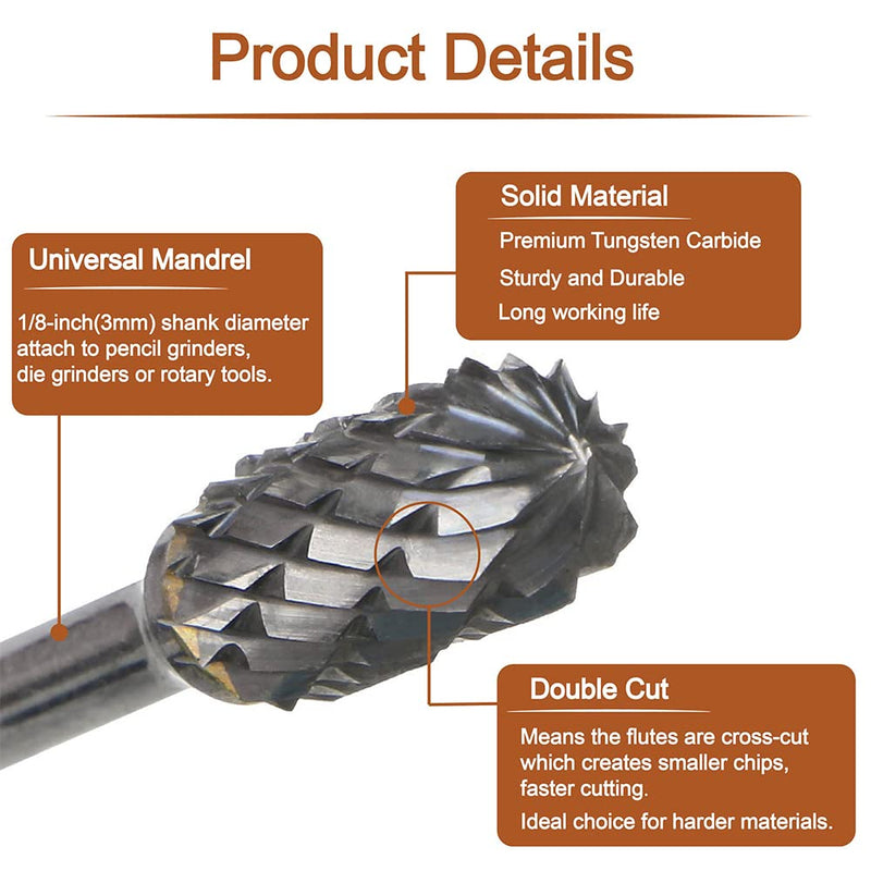 [Australia - AusPower] - Carbide Burr, Tungsten Carbide Rotary Cutter Set 3 mm Shank 6 mm Grinding Head Carving Cutter for Woodworking Carving Metal Polishing Engraving (Pack of 10) 