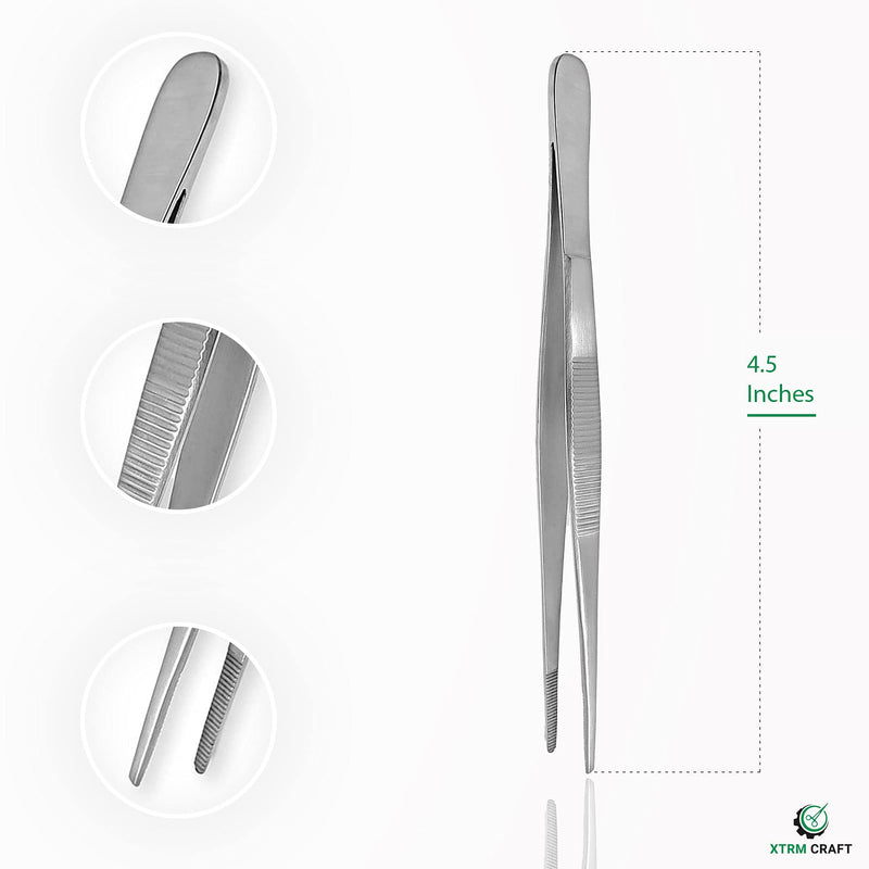 [Australia - AusPower] - Thumb Dressing Forceps, Mulipurpose Tweezer Stainless Steel, Serrated Tip Straight 4.5 Inch 4.5" 
