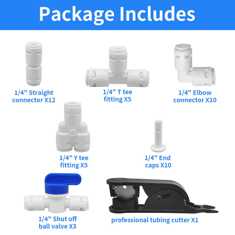 [Australia - AusPower] - Water Tube Fittings Kit, 1/4" OD Quick Connect Push to Connect Fittings for RO/DI Water Filter System (Ball Valve+ T+ I+ L+ Y+ Professional Tubing Cutter, 46Pcs) 1/4 inch,46Pcs 