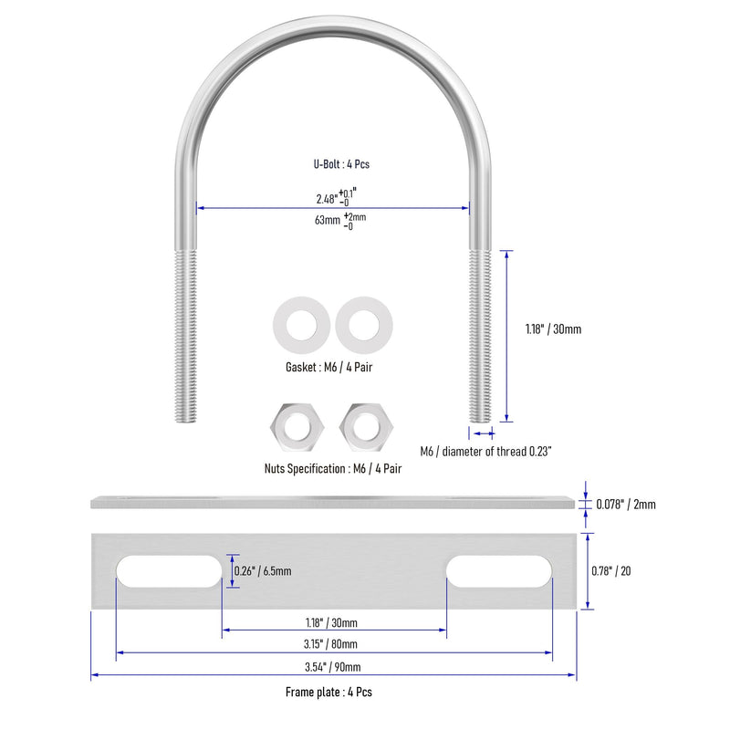 [Australia - AusPower] - 4 Sets 304 Stainless Steel Round Bend U-Bolts 2.48"(63mm) Inner Width 3.27"(83mm) Length M6 with Nuts, Frame Plate, Washers, Accessories for Boat Trailer Axle Sailboat Trailer 63×83mm(W*L) 