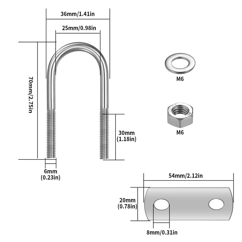 [Australia - AusPower] - 6 Pack Round U-Bolts, Stainless Steel U-Bolts with Frame Plates and Nuts, 1"/25mm Inner Width 2.75"/70mm Length, U Shaped Bolt for Automobiles Trailer, Ski Boat, Sailboat(Round, 1"/25mm) Round, 1"/25mm 