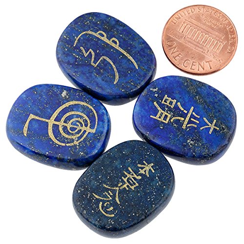 mookaitedecor 4 Piece Lapis Lazuli Stones Engraved Chakra Symbols #1-Lapis Lazuli with Chakra Symbol