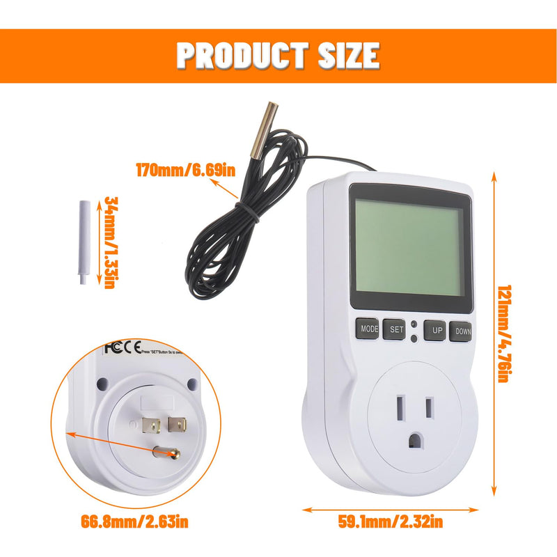 [Australia - AusPower] - 110V Digital Temperature Controller, LCD Screen Heating Cooling Thermostat Outlet Socket with Sensor Timer Regulator for Reptile Incubator Greenhouse Brewing Refrigerator 