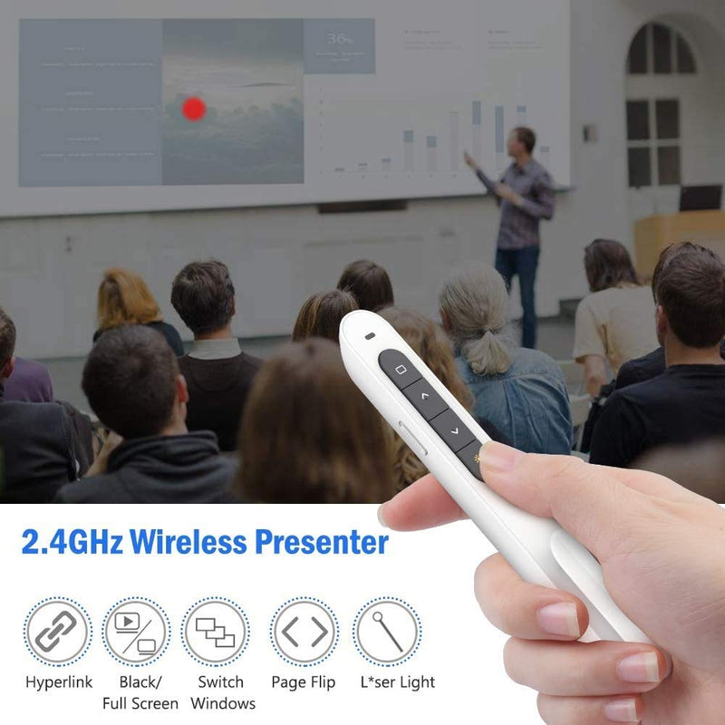 [Australia - AusPower] - DinoFire Red Light Wireless Presenter, Powered by AAA (Not Included) Hyperlink Volume Control Presentation Clicker, RF 2.4GHz PowerPoint Clicker Presentation Remote Control Slide Clicker Advancer AAA-White 