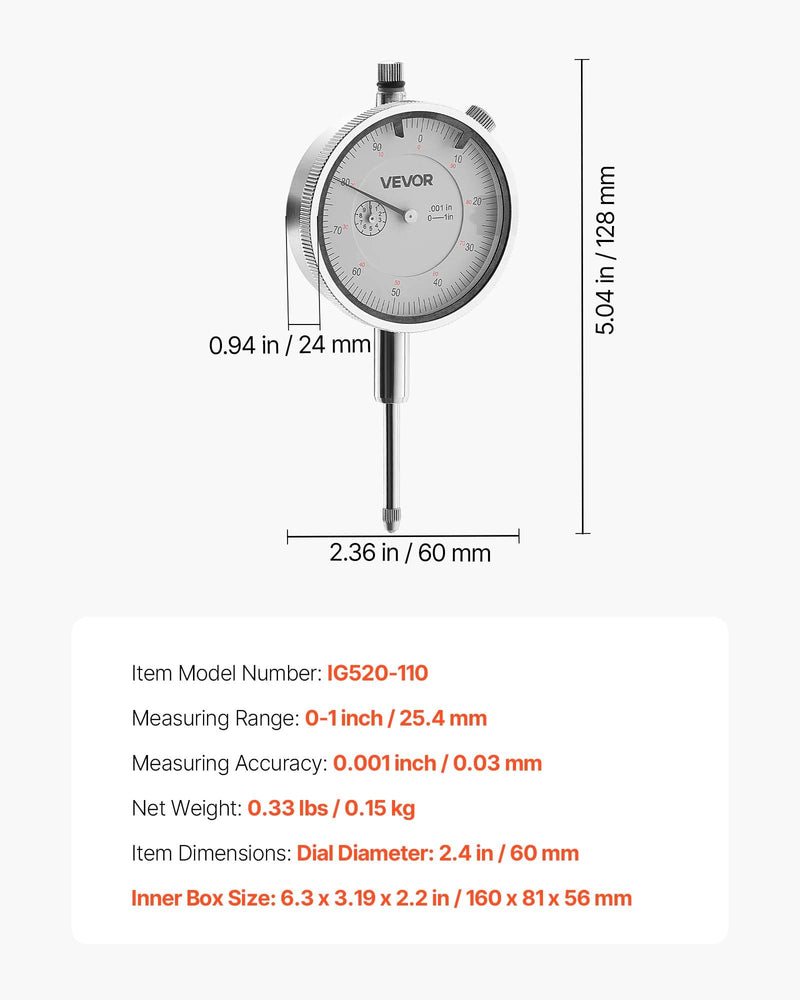 [Australia - AusPower] - VEVOR Dial Test Indicator, 0.001 inch Accuracy, 0-1 inch Measuring Range, Easy to Read Large Dial, Professional for Internal Diameter Measurement, Runout Detection, Flatness Inspection 