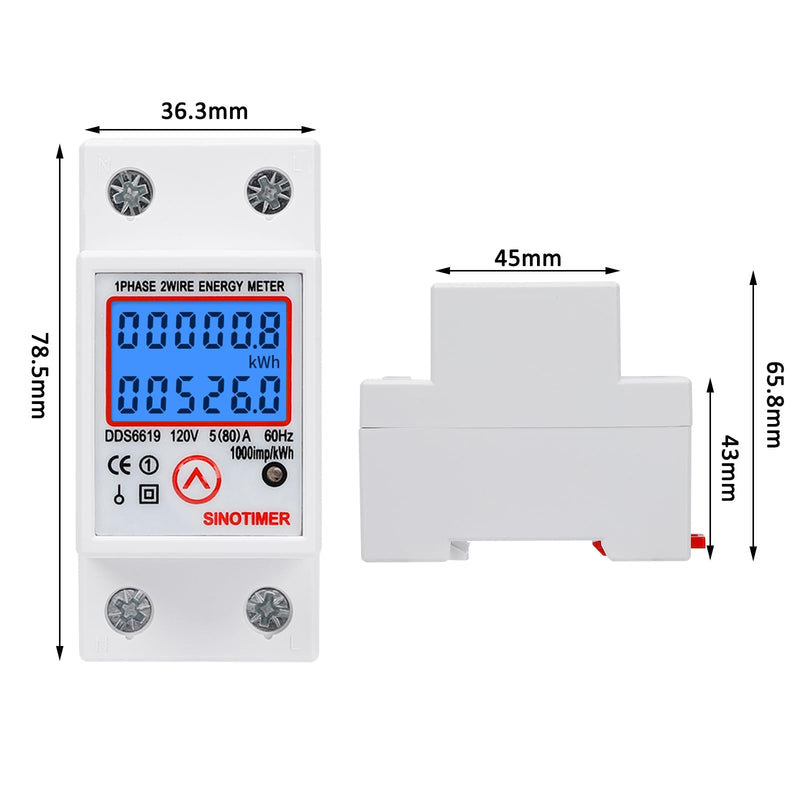 [Australia - AusPower] - DDS6619 Din Rail Single Phase Energy kWh Electric Meter 120VAC 5(80) A 60Hz Power Consumption Meter Watt Meter, LCD Backlight Digital Display with Reset Function 