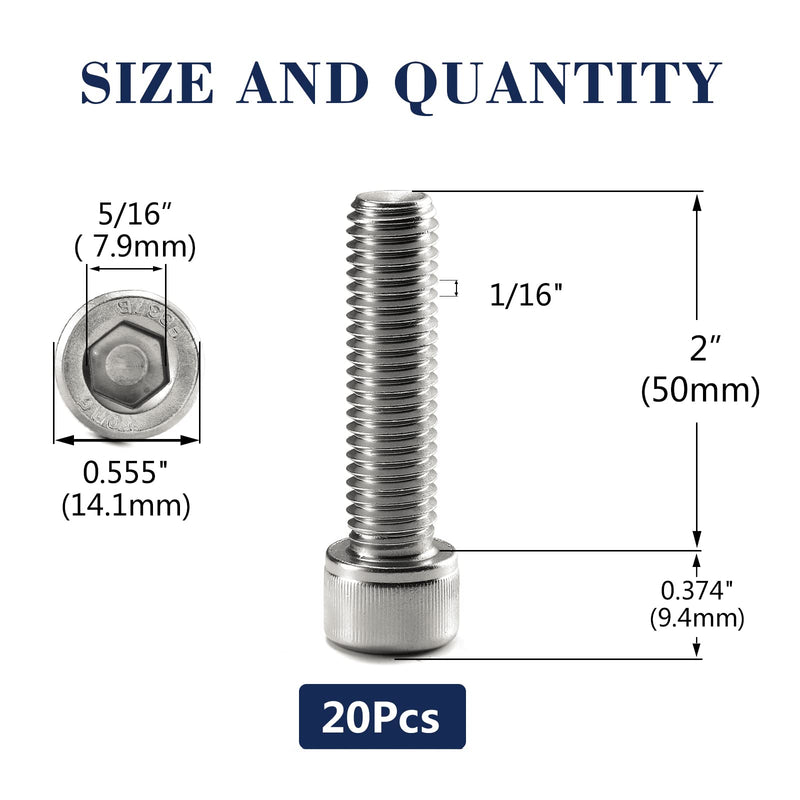 [Australia - AusPower] - 3/8-16 x 2" Socket Head Cap Screws Bolts, 20Pcs 304 Stainless Steel 18-8, Allen Socket Hex Drive, Full Thread, Bright Finish by SG TZH(with Hex Spanner) 20 3/8-16 x 2" 