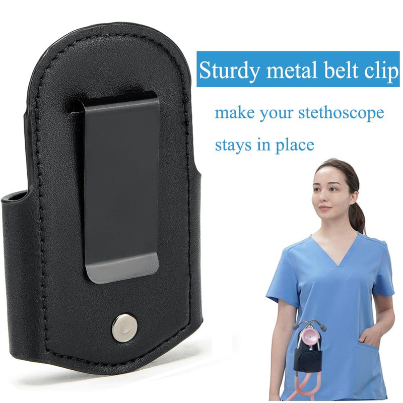 [Australia - AusPower] - Stethoscope Holder - Stethoscope Holster/Premium Leather Stethoscope Holder Hip Clip/Universal Clip-on Stethoscope Holster for Littmann & Most Stethoscope (Black) Black 