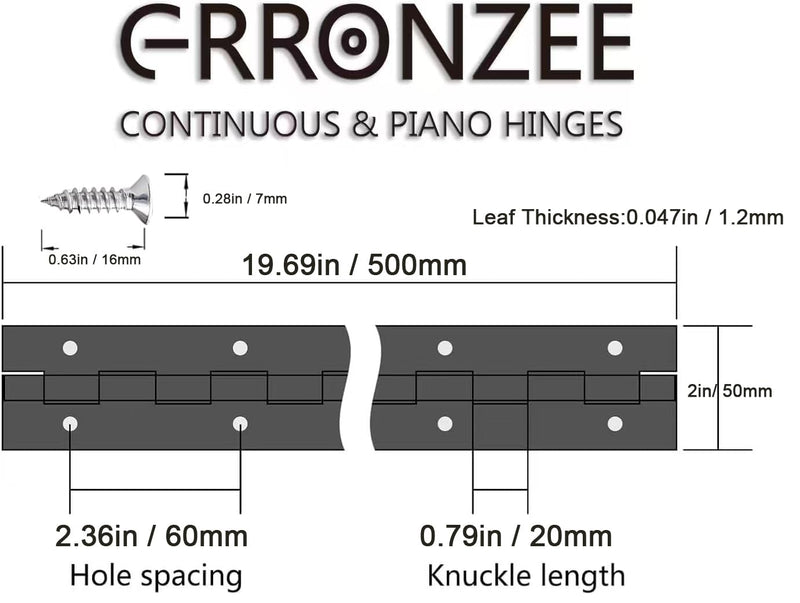 2PCS Heavy Duty Piano Hinge 20 Inch Continuous & Piano Hinges with Screws, Stainless Steel Piano Hinge for Cabinet, Door, DIY Wood Boxes, 0.047" Leaf Thickness, 2" Open Width