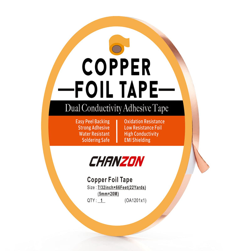 CHANZON Copper Foil Tape 5mm 7/32 inch x 66ft Double Sided Conductive Adhesive for Soldering,Electric,Stained Glass,Crafts,Repair,Paper Circuits,EMI & RF Shielding,Grounding,Guitars