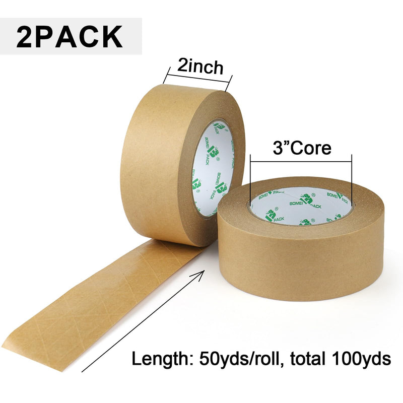 BOMEI PACK Reinforced Paper Packing Tape 2inch, Biodegradable Self Adhesive Gummed Kraft Paper Shipping Tape, for Heavy Duty Packing, Shipping, Moving and Storage, 2Rolls x 50yds