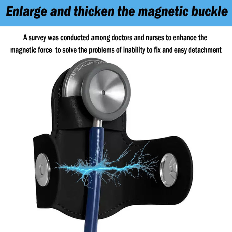 [Australia - AusPower] - Magnetic Stethoscope Holder Clip Secure Hands-Free Pu Leather Lightweight Portable Holster for Physicians, Nurses, EMT, Students. Compatible for 3M Littmann & Most Stethoscope (Black) Black 