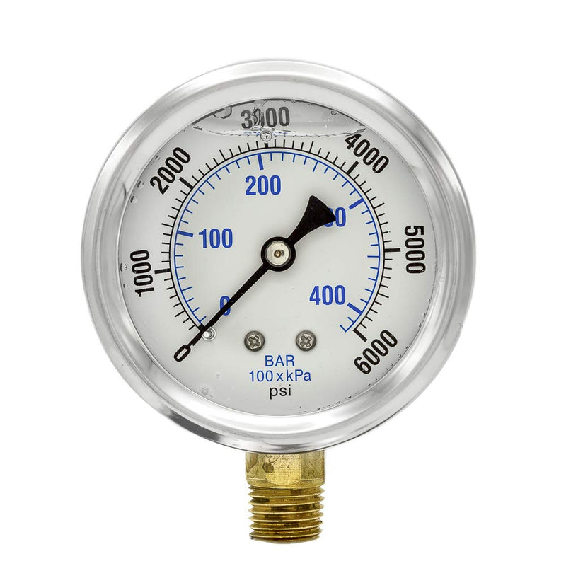 [Australia - AusPower] - PIC Gauges PRO-201L-254S 0-6000 PSI Pressure Gauge, 2 1/2" Dial, 1/4" Male NPT Connection, Bottom Mount, Dual Scale, Glycerin Filled, Stainless Steel Case/Bezel, Brass Internals & Plastic Lens, 0/15 2.5" 