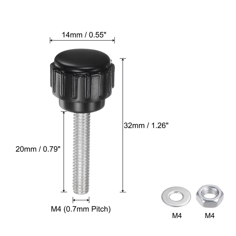 [Australia - AusPower] - uxcell 4 Sets Knurled Knobs Thumb Screws with Nuts Washers, Metric M4 x 20mm Male Thread 14mm Plastic Head, Zinc Plated Carbon Steel Stud Hand Knobs Clamping Thumbscrews Handles, Black M4 x 20mmx 14mm 