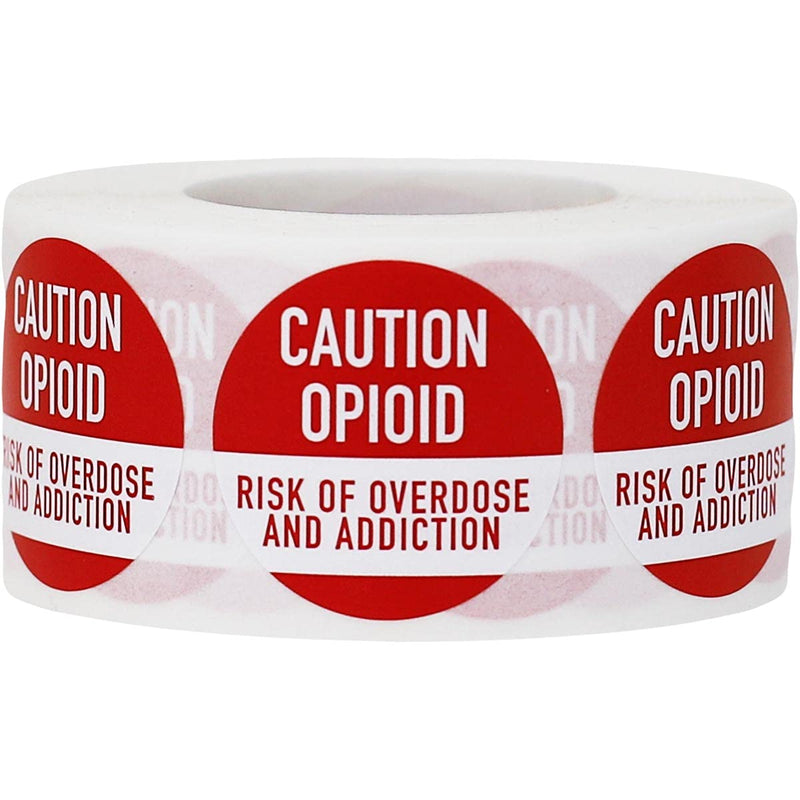 Caution Opioid Addiction Warning Labels, 1" Inch Round, 500 Total per roll