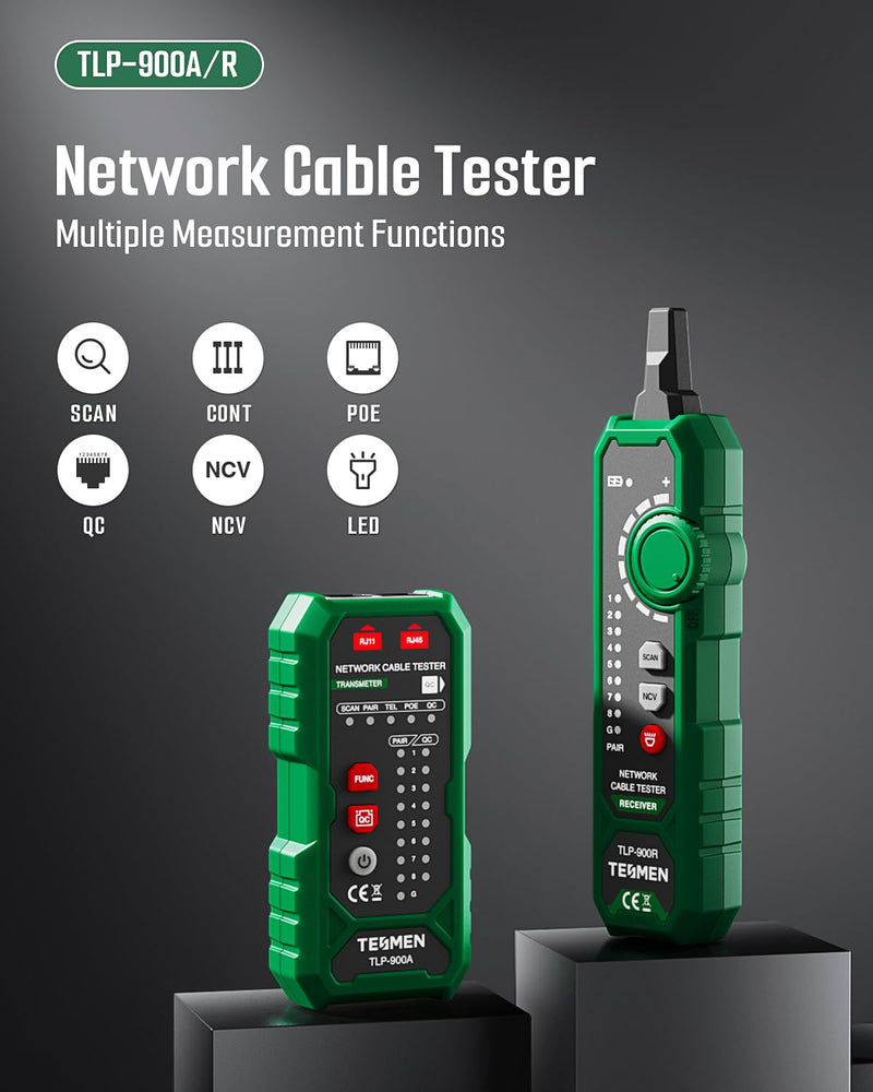[Australia - AusPower] - TESMEN TLP-900AR Network Cable Tester, RJ11 RJ45, for CAT5/6/POE/STP, Multi-function Cable Tracer with Pairing, Continuity, QC&NCV, Suitable for Ethernet, Telephone, Wire maintenance and sorting-Green Green 