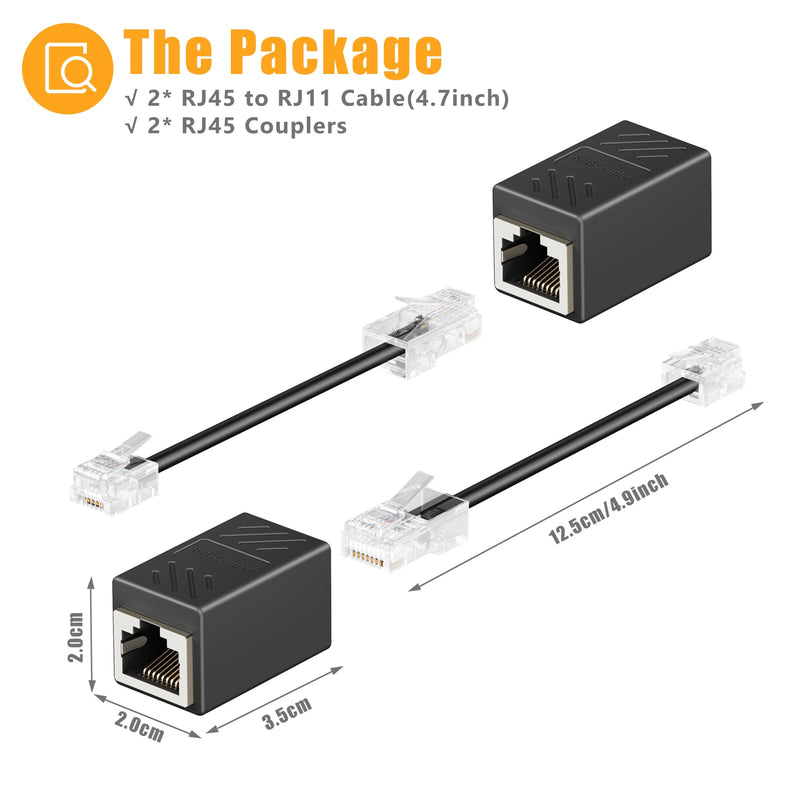 [Australia - AusPower] - Uvital Phone Jack to Ethernet Adapter, RJ11 to RJ45 Adapter, RJ45 Female to RJ11 Male for Landline Telephone, with RJ45 to RJ11 Cable (Black,2 Pack) 2 pcs RJ45 Coupler+2 pcs RJ45 to RJ11 Cable-Black 