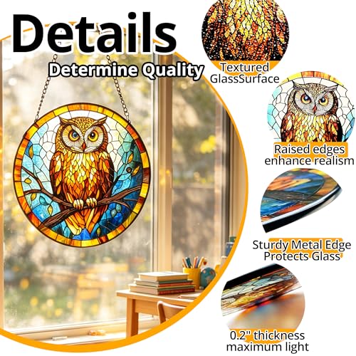 Stained Glass Owl Suncatcher, 7.8’’ Bird Window Hanging Gift for owl Lovers
