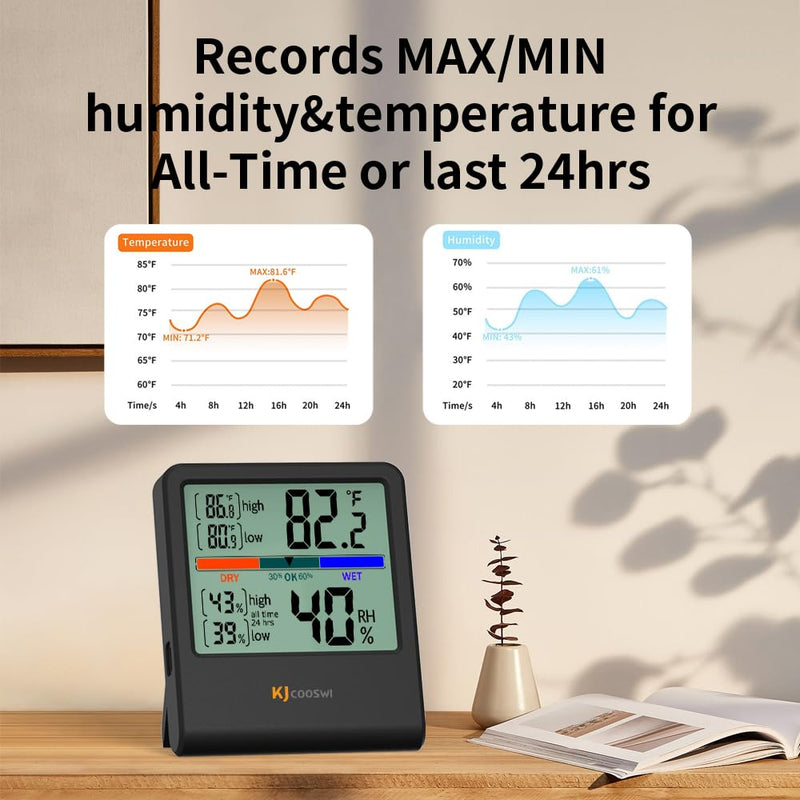 Digital Thermometer Hygrometer, Indoor Wall Thermometer Humidity Indoor with High Accuracy, Suitable for Greenhouse, Home and Office, AAA Battery (Black) Black