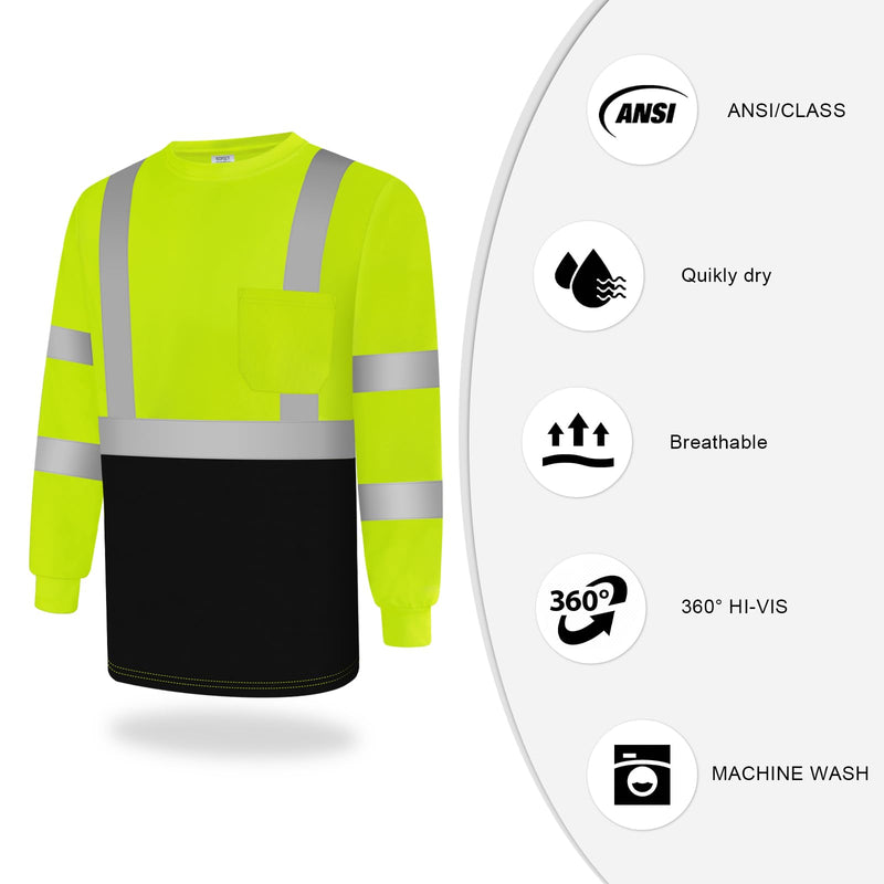 TCCFCCT Safety Shirt for Men Women - Class 2 High Visibility Long Sleeve Reflective Hi Vis - Construction Work Wear with Black Bottom, Durable, Breathable, Yellow S Small 1 Pack-yellow & Black