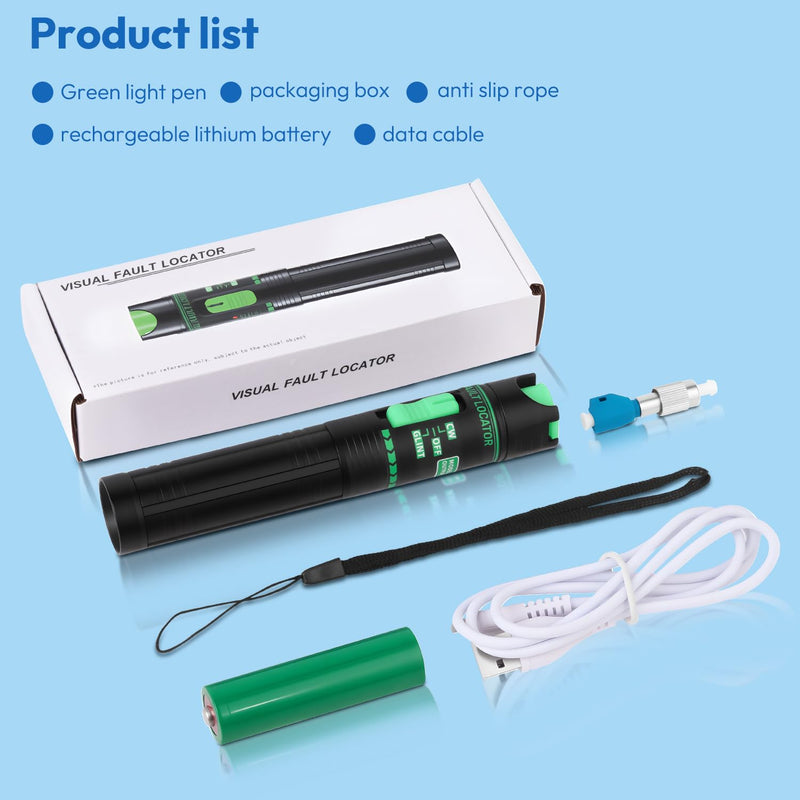 [Australia - AusPower] - Fiber Tester 30Km Visual Fault Locator FC/SC/ST Universal Interface with USB Type-C Cable & FC-LC Adapter (Green/510nm Wavelength) 