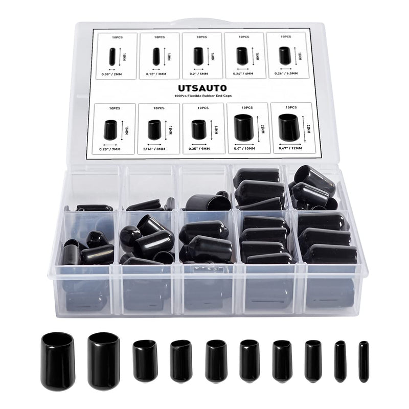 [Australia - AusPower] - UTSAUTO 100Pcs Flexible Rubber End Caps 10 Most Popular Size Round Screw Thread Protectors Black Vinyl Blot Protector Safety Caps Kit for Tube Screw Bolt (2mm,3mm,5mm,6mm,6.5mm,7mm,8mm,9mm,10mm,12mm) 