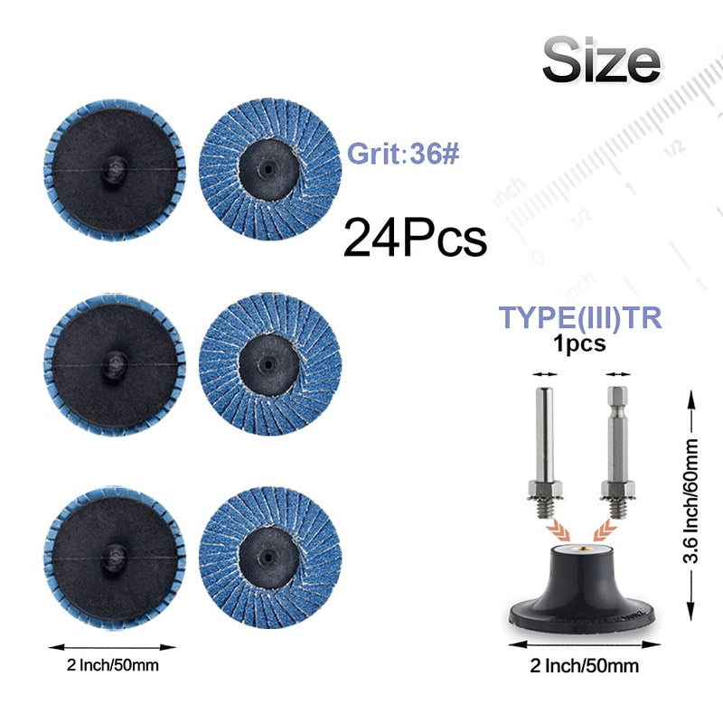 [Australia - AusPower] - 24 Pcs 2 inch Roll Lock Flap Discs with 1/4" Holder Die Grinder Accessories T27 Zirconia Flat 36 Grit Grinding Wheels for Surface Prep(36 Grit) Flap 25Pack 36Grit 