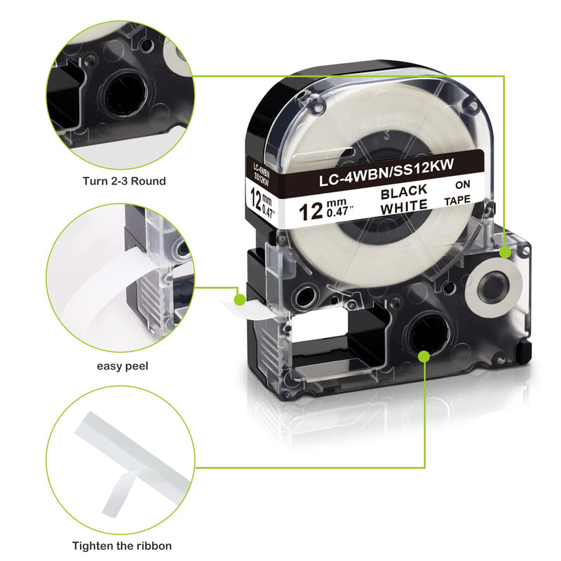 Absonic Compatible Label Tape Replacement for LK-4WBN LK-4LBP LK-4RBP LK-4YBW LK-4GBP Work for Epson LabelWorks LW-300 LW-400 LW-500 LW-600P LW-700 LW-K200PX Label Maker, 1/2" x 26', 12mm x 8m, 5-Pack 1/2" (12mm)