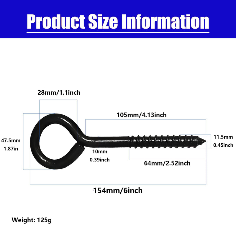 [Australia - AusPower] - 6'' Eye Hooks Screw, 4 Pcs Black Eye Hooks Heavy Duty 700LBS Breaking Strength Stainless Steel Self Tapping Eye Bolts for Hammock Swing Securing Cables Wire 
